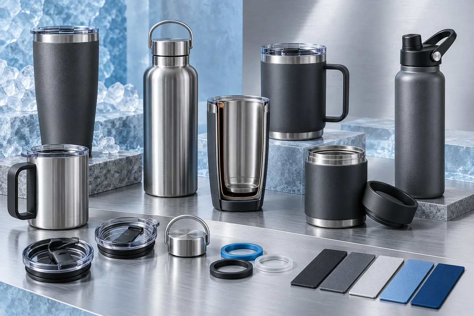 Strip insulated drinkware, clusters and drinkware trays on a materials sampling table
