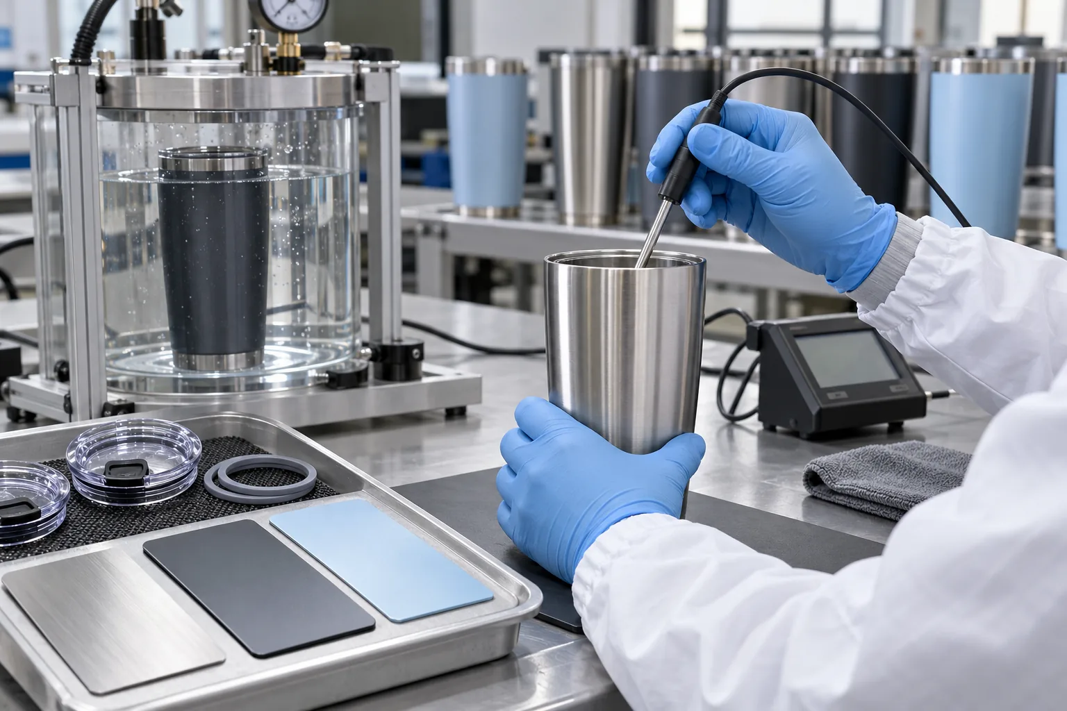 Technician inspecting insulated drinkware at a quality desk